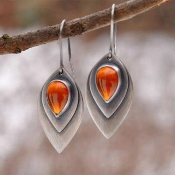 Jewelry - Crystal Dangle Earrings Red Bead Inlaid Antique Metal Carving Pattern Ea…